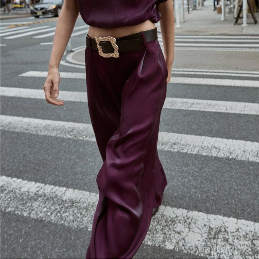 Zara Wide-Leg Satin Pants in Deep Plum